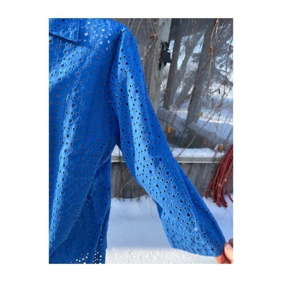 Vintage 90s Alia Blazer Shacket Blue Eyelet Lace Sheer 3/4 Sleeve Sz 16 - Picture 4 of 9